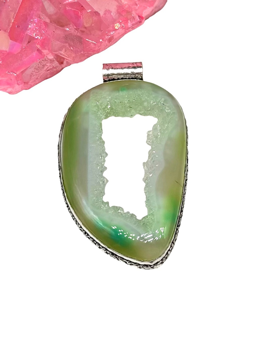 Green Botswana Agate Window Druzy Necklace Pendant 925 Sterling Silver Overlay